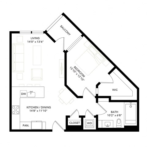 Floor plan for 1 bed, 1 bath, 753 sqft